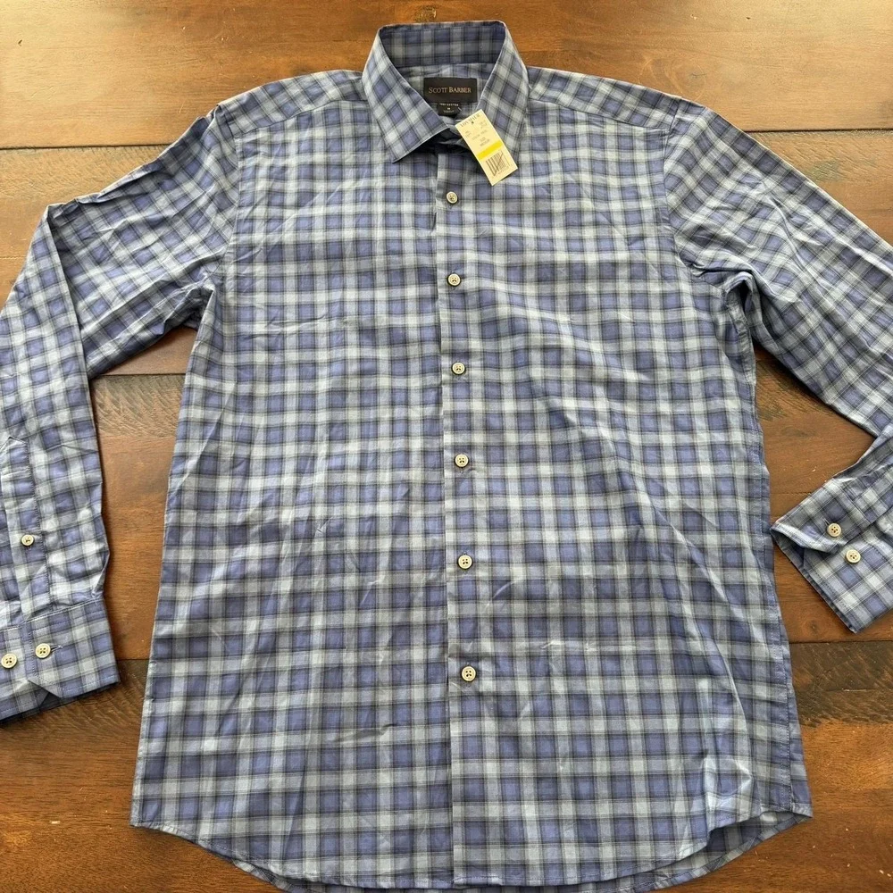 Scott Barber Shirt Mens Medium Blue Plaid 100% Cotton‎ Long Sleeve Button Up